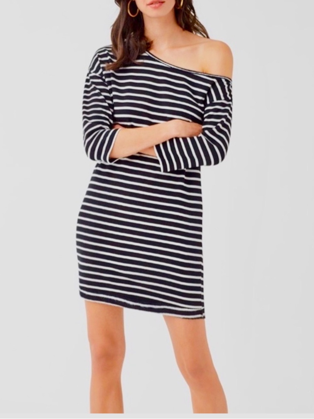 Splendid Neptune Black & White Off the Shoulder Striped Knit Dress
